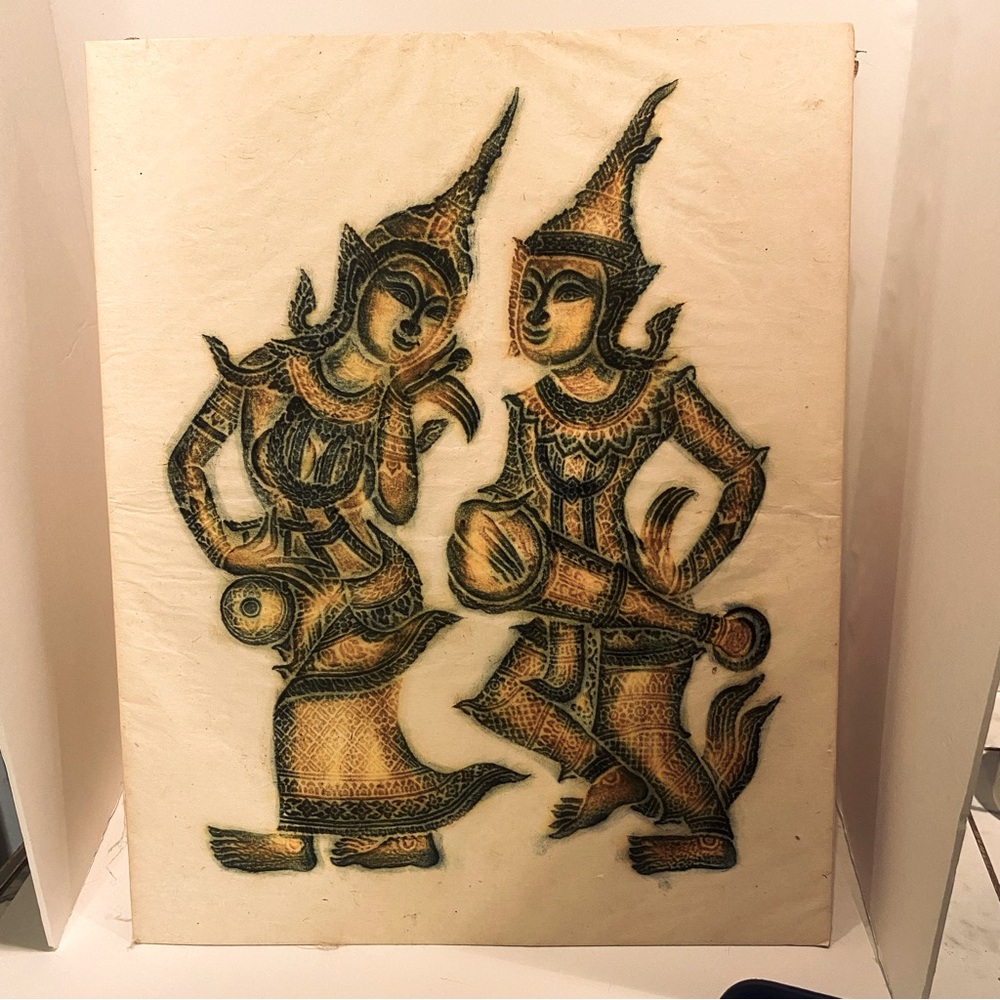 Thai Temple Stone Rubbing Art on Rice Paper circa 1960s 1970s